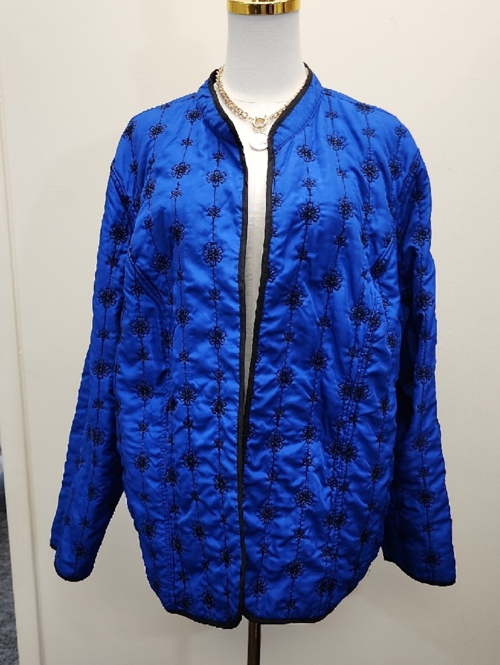 Reversible Quilted Jacket Blue Black Floral Boho Lightweight Coat Large - Picture 10 of 10